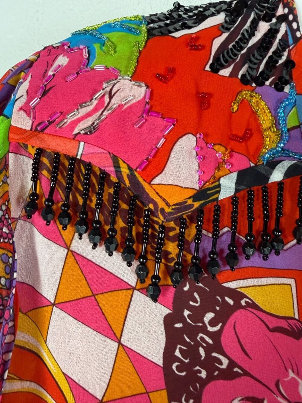VINTAGE Diane Freis Petites Womens Multicolor Abstract Georgette Beaded Blouse - Picture 5 of 9